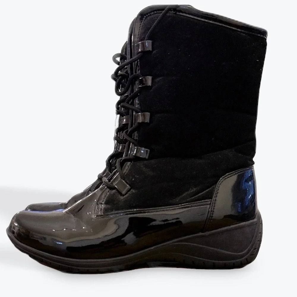 Khombu‎ Women Black Patent Suede Lace Up Winter Snow Boots Size 9M